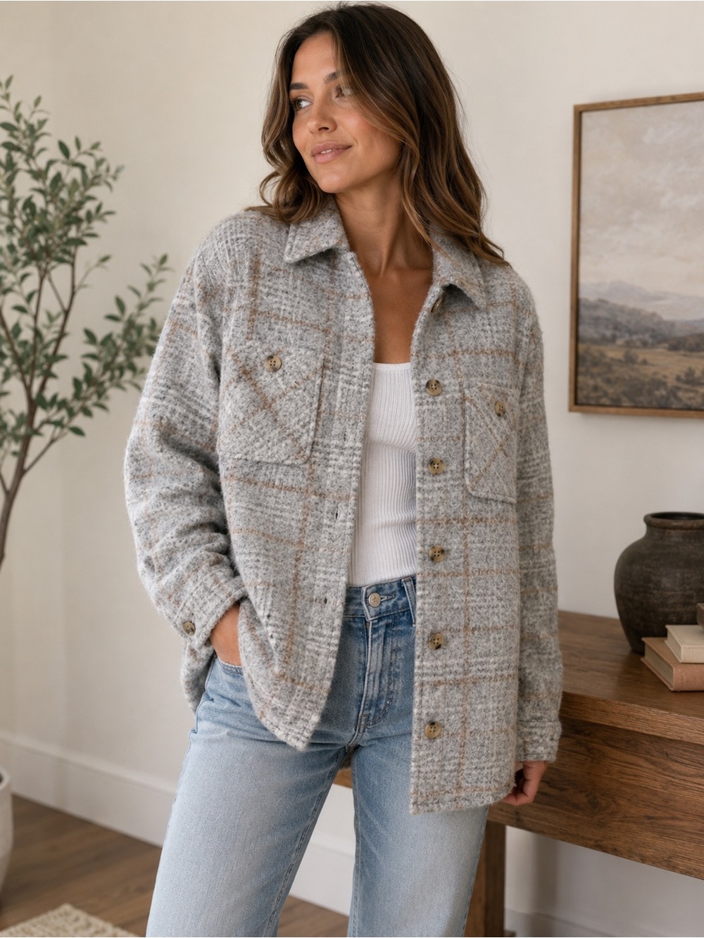 Express Gray Plaid Wool Blend Shacket Jacket Size M | Button Front Over Shirt